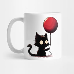 Confused black cat holding red balloon Mug